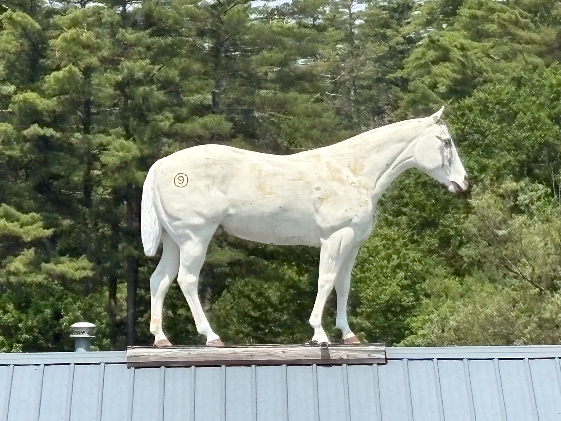 White horse statue on a rooftop with trees in the background