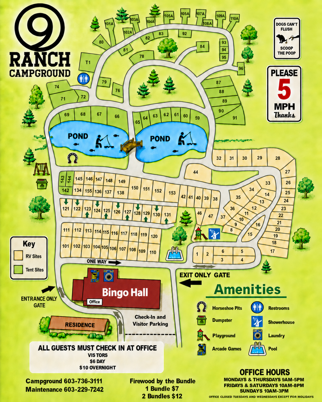 Map of 9 Ranch Campground with ponds, cabins, roads, bingo hall, amenities, and office hours.