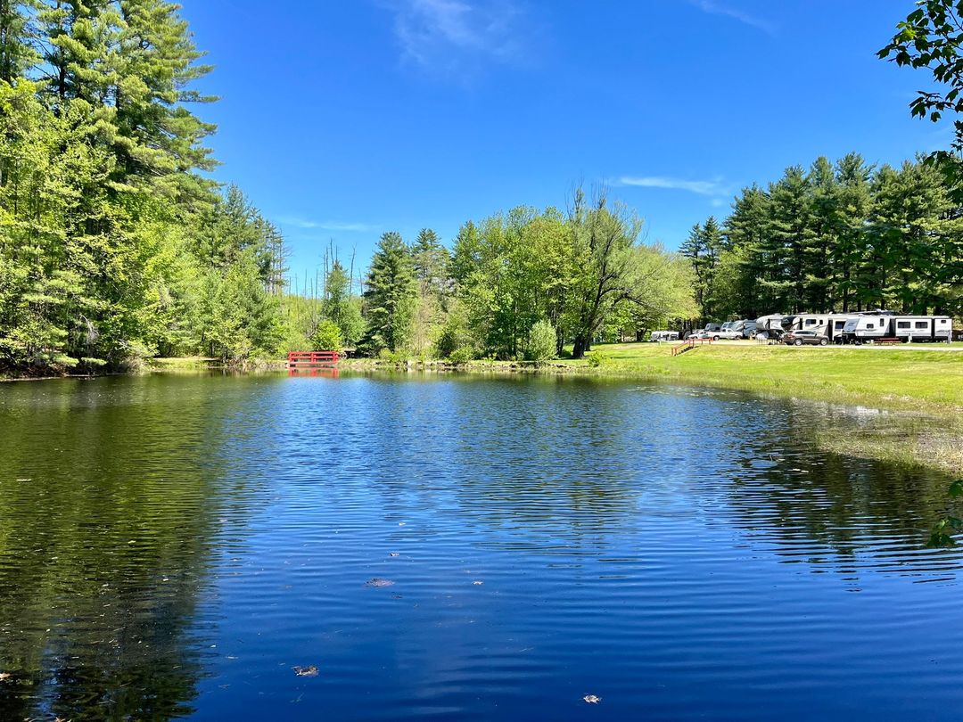 Calm blue lake surrounded by green trees under a clear sky, with RVs on the shore and a small red bridge in the distance