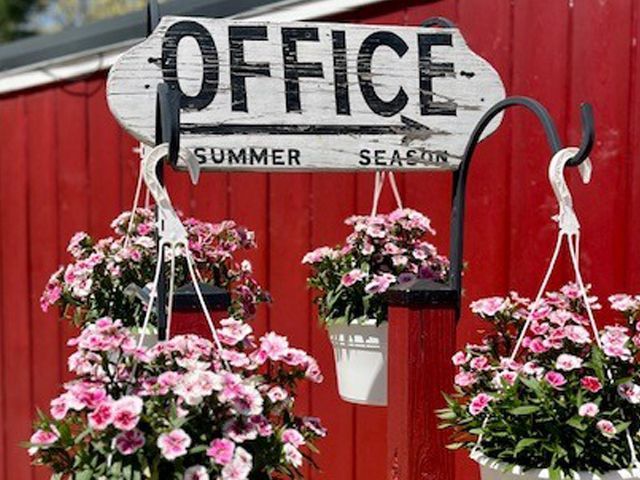 Outdoor office sign reading “OFFICE” with hanging pink flowers against a red wall