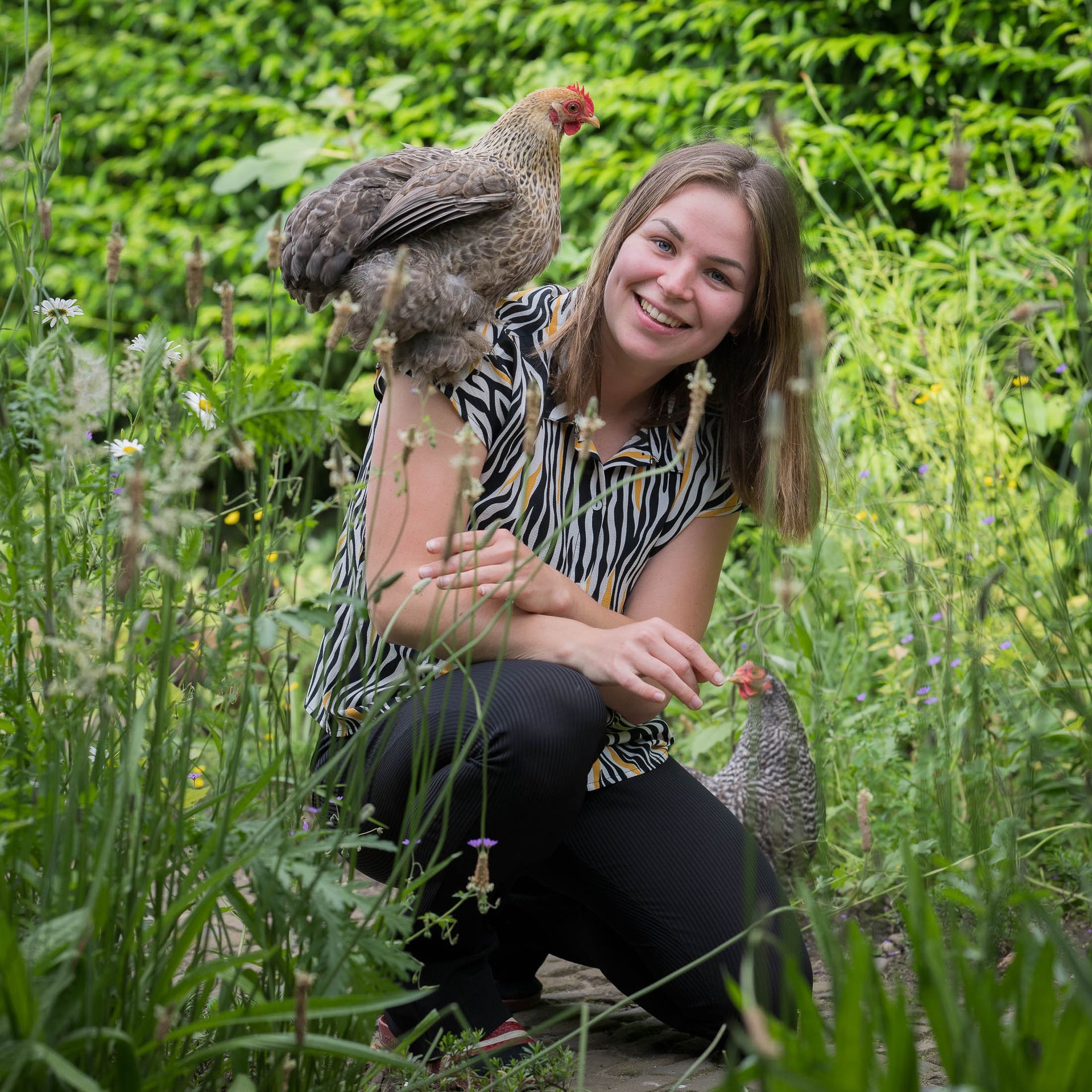 Een vrouw knielt in het gras en houdt een kip vast.