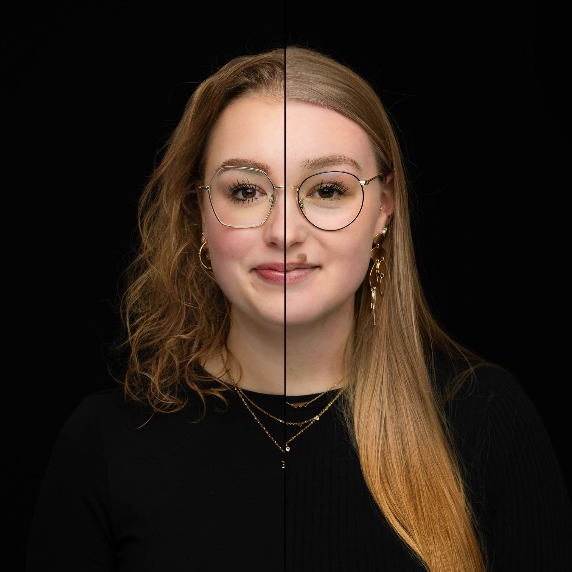 Een vrouw draagt een bril en een zwart shirt.