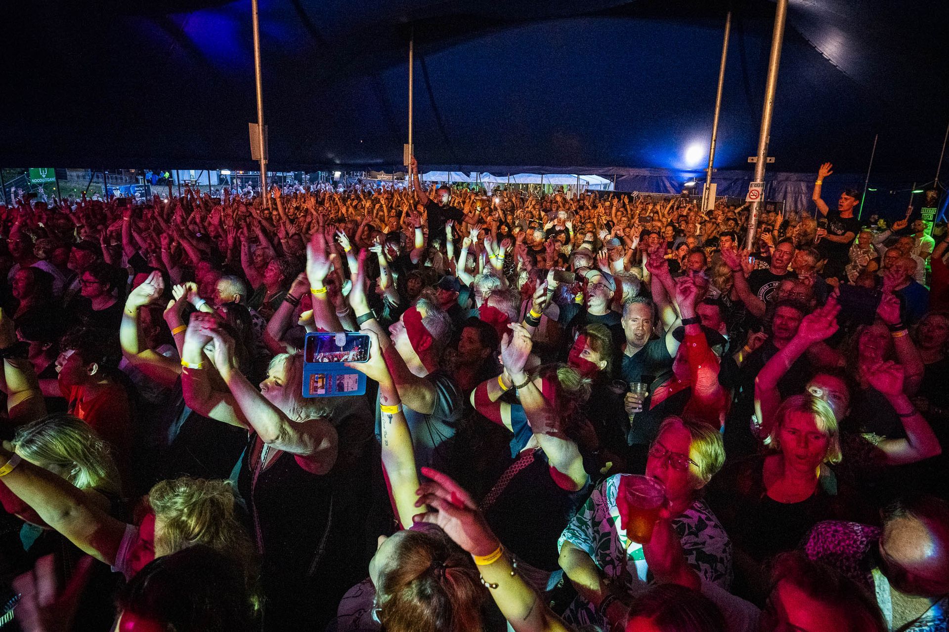 Een menigte mensen op een concert met hun handen in de lucht