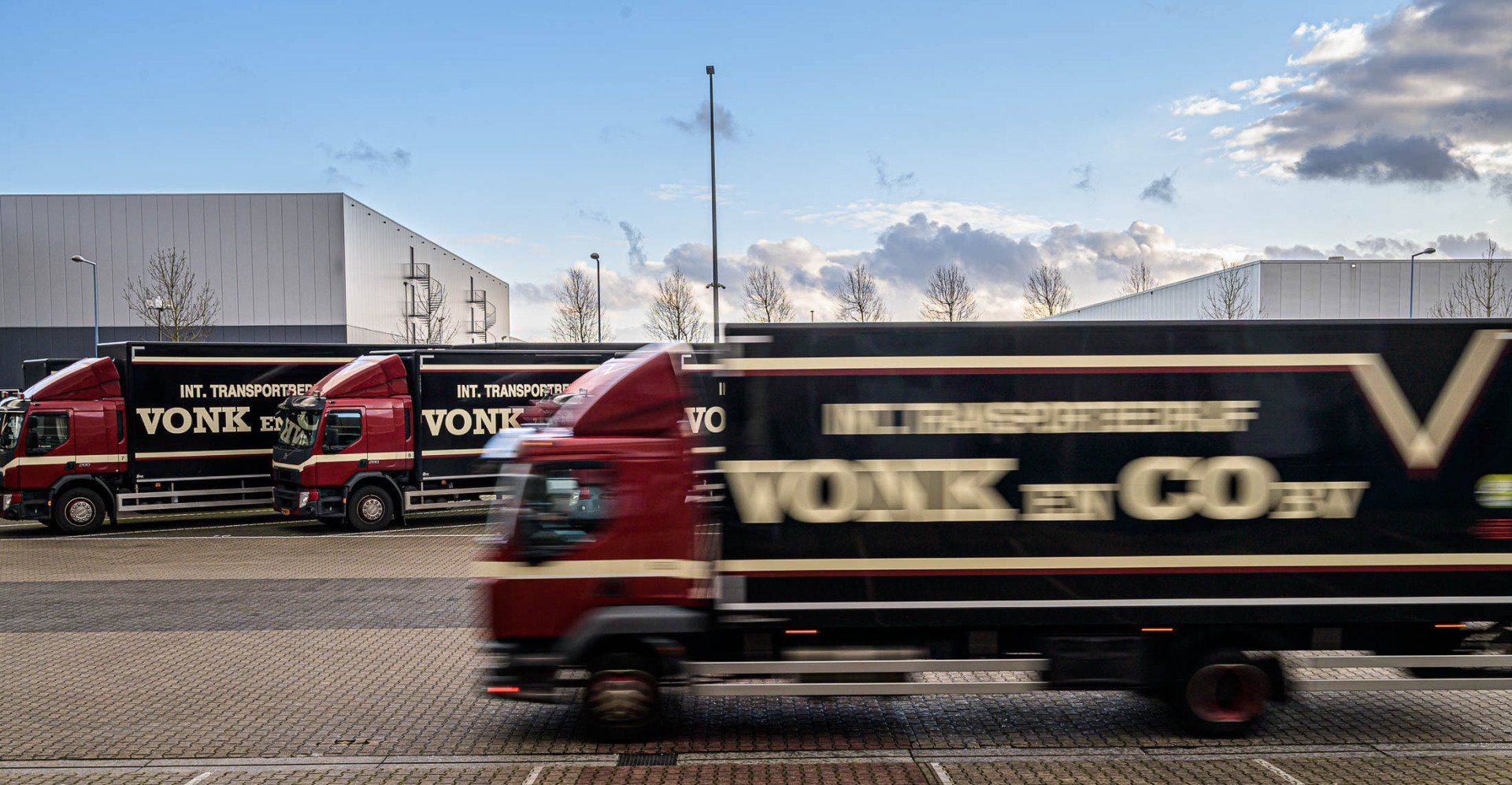 Een rij vrachtwagens staat naast elkaar geparkeerd aan de kant van de weg.
