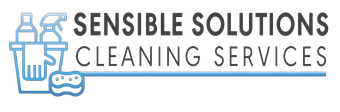 Sensible Solutions Cleaning Services logo with blue cleaning icons and gray text on white background