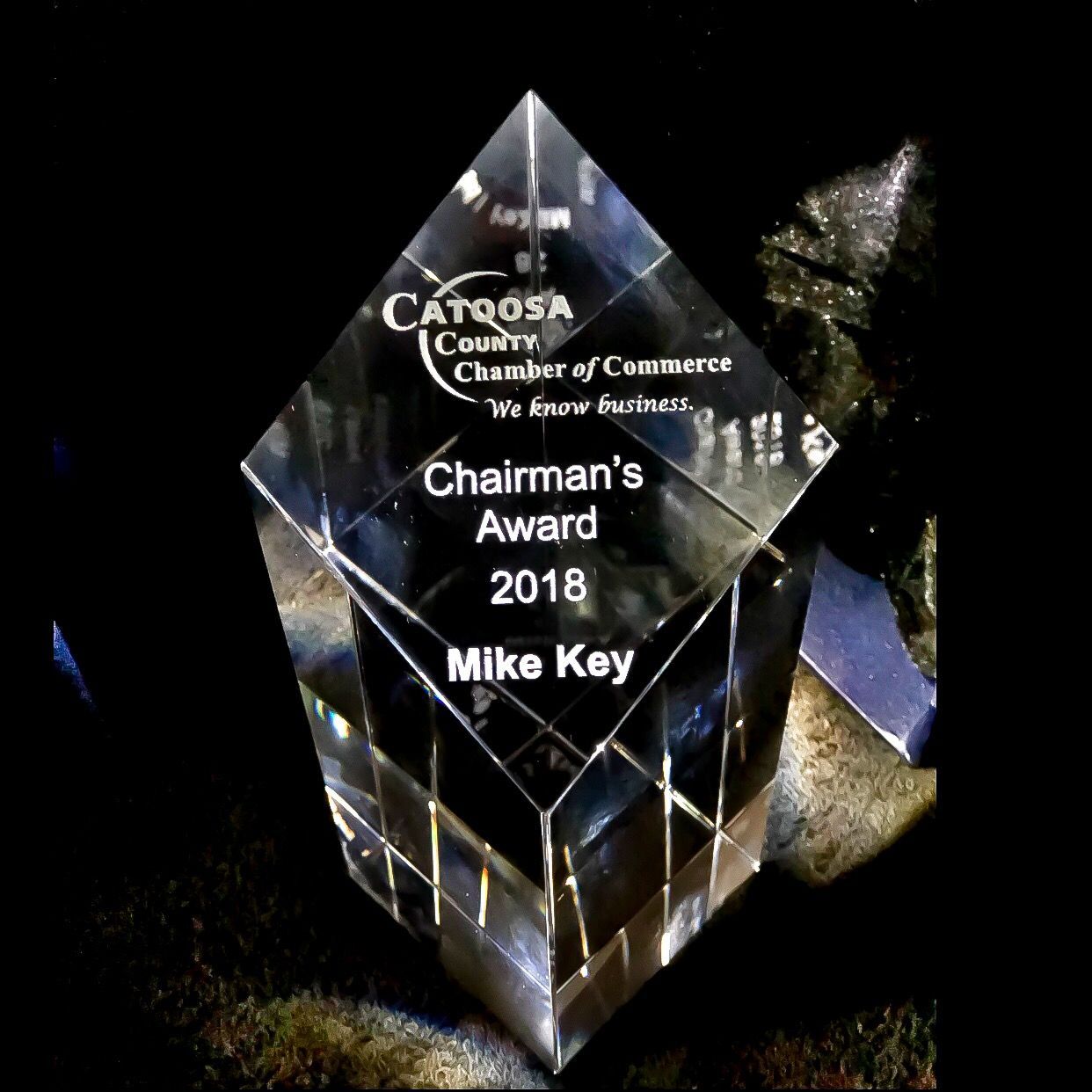 A crystal award from the Catoosa County Chamber of Commerce, inscribed 