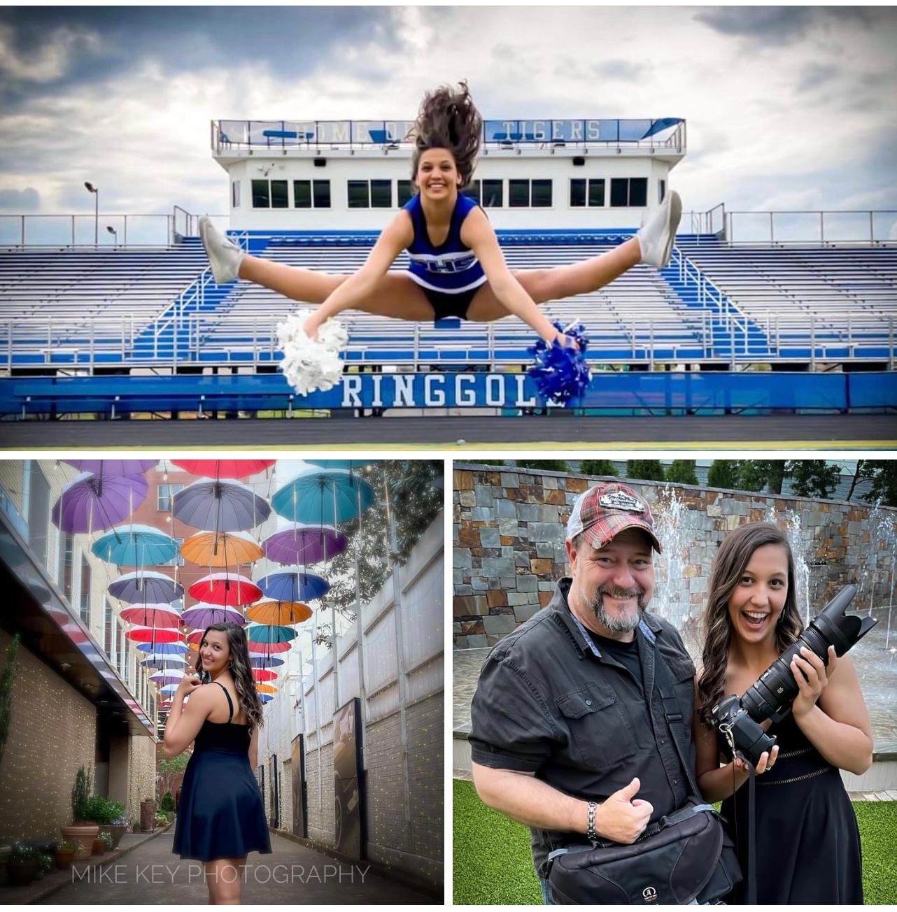 A collage showing a cheerleader mid-jump at a stadium, a woman in a black dress under umbrellas, and a person with a camera.