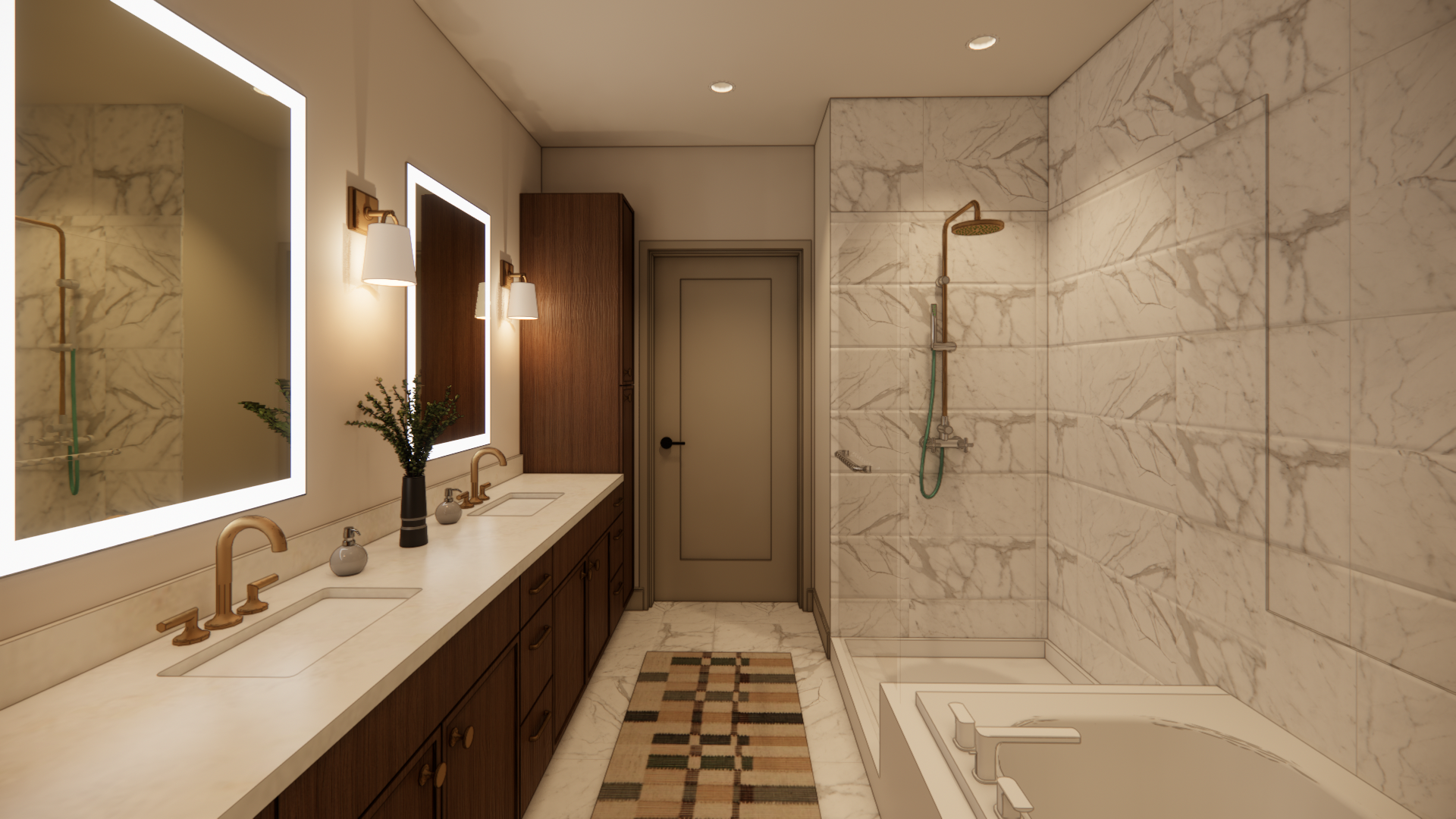Modern bathroom with double sinks, large mirror, bathtub, and marble tile walls in warm neutral tones