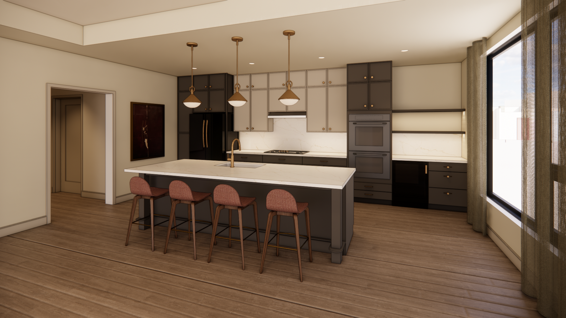 Modern open kitchen with island seating, pendant lights, and large window in a bright, empty room