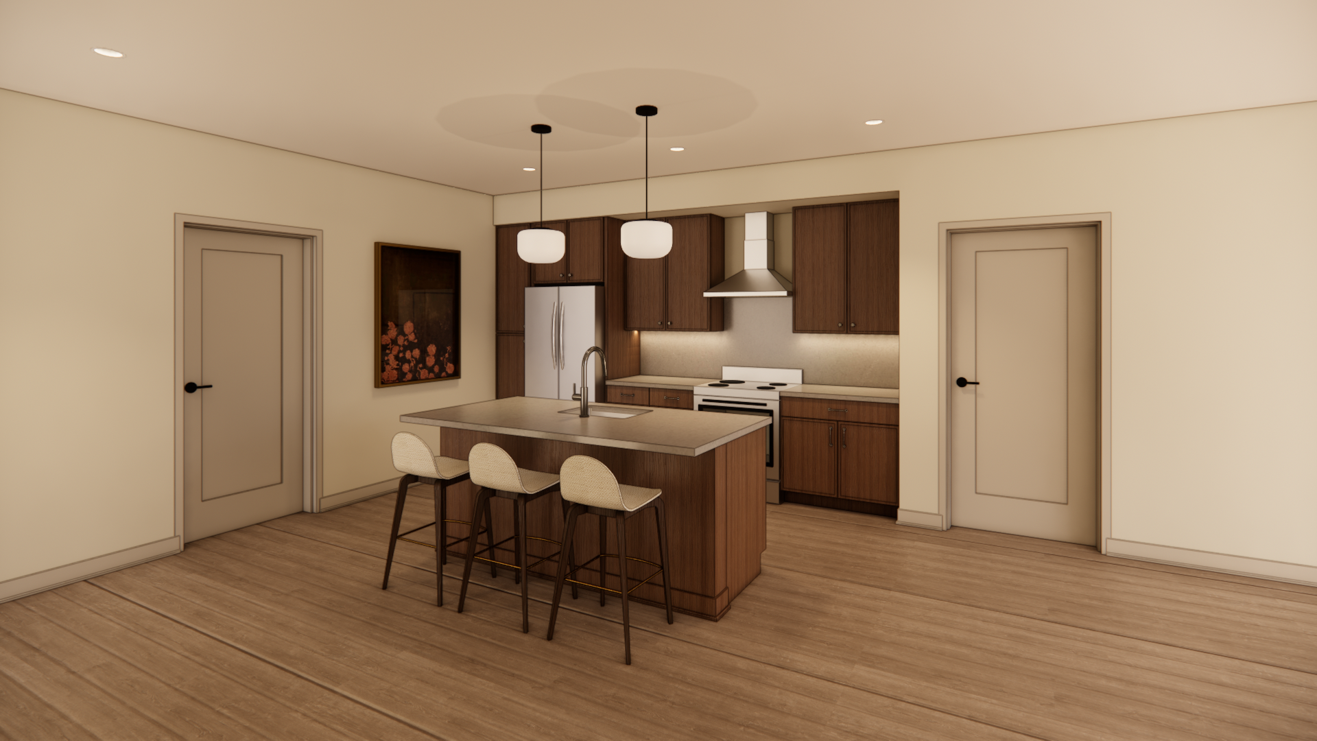 Modern open-plan kitchen and dining area with island, bar stools, pendant lights, and wood floors.