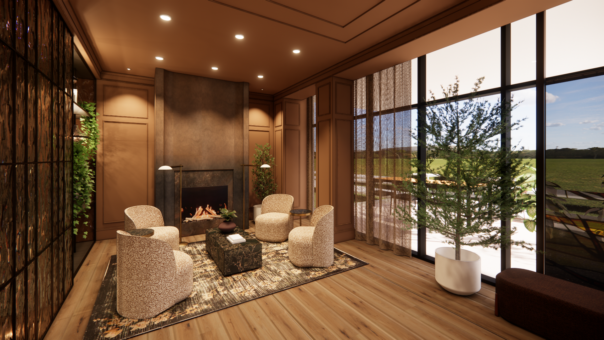 Modern living room with fireplace, woven chairs, and floor-to-ceiling windows overlooking a sunny landscape