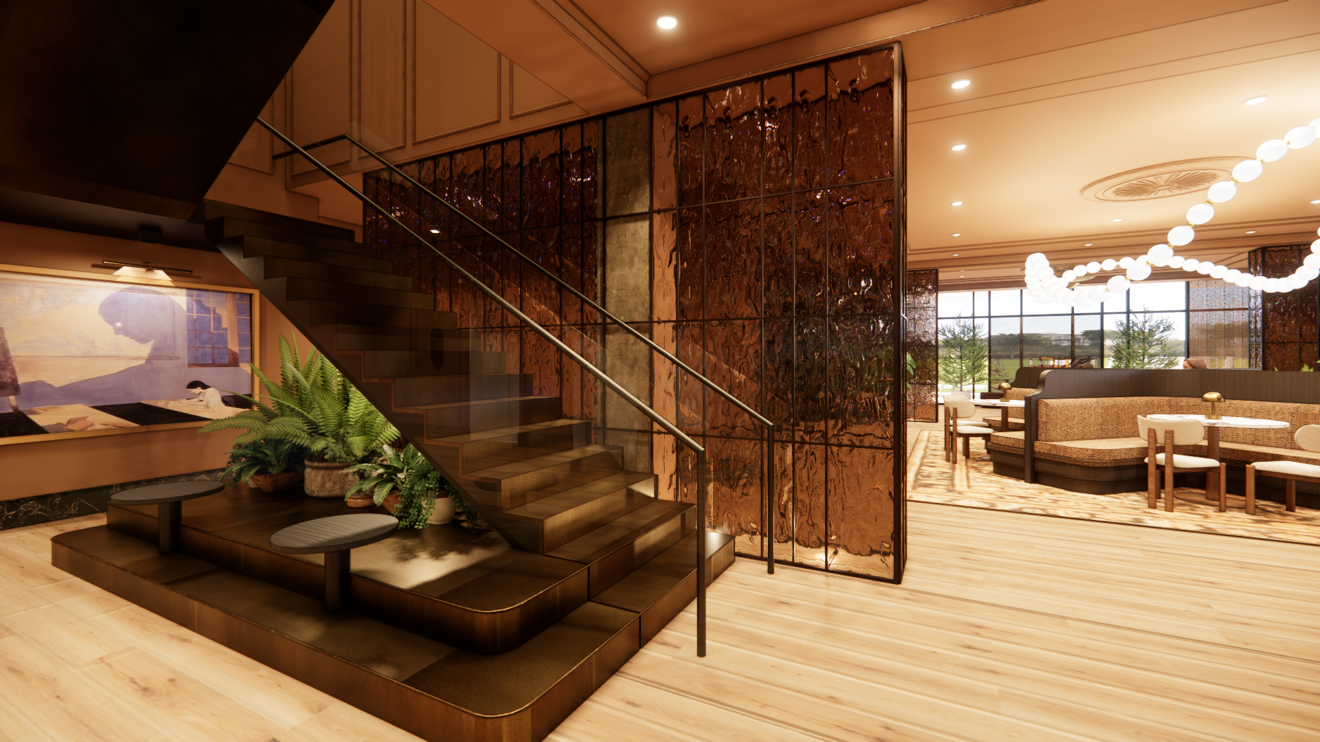 Modern hotel lobby with central staircase, warm wood tones, and lounge seating