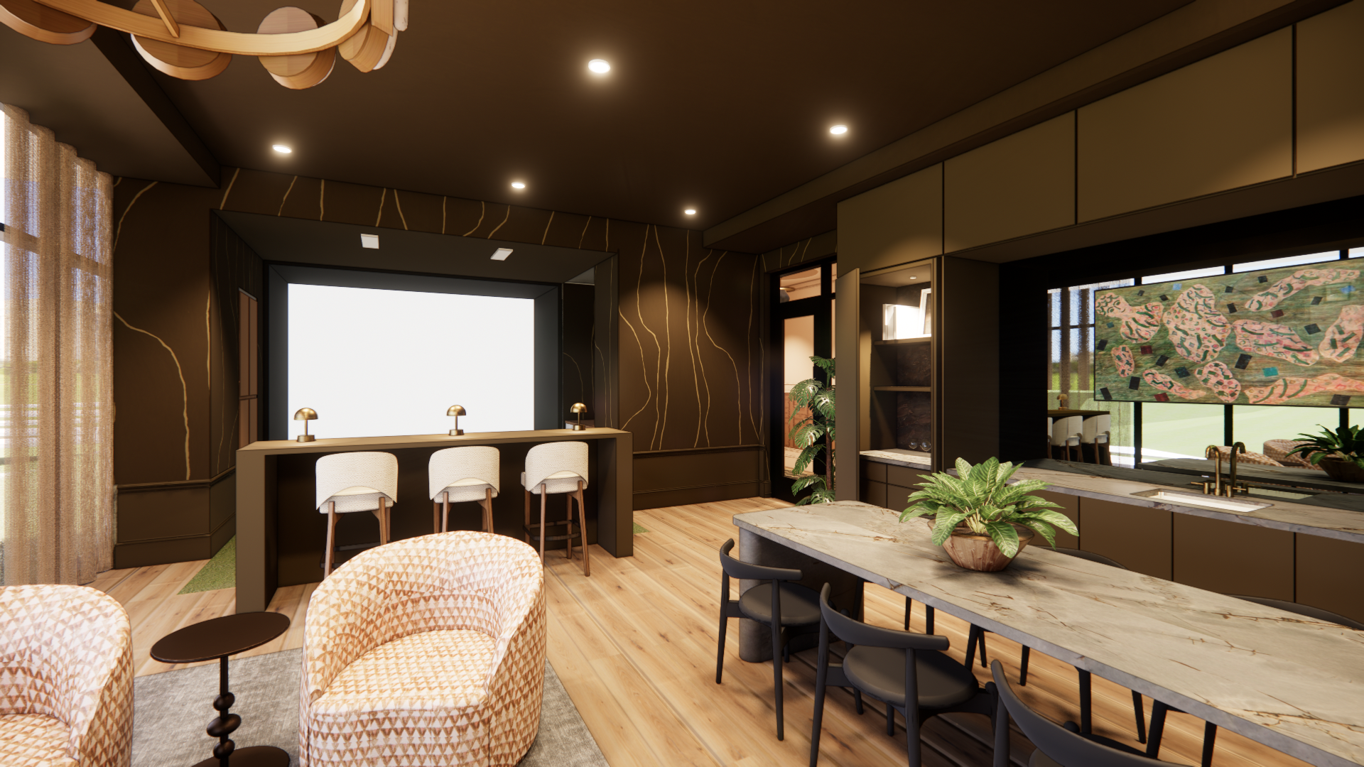 Modern café interior with wood accents, bar stools, woven chairs, and large windows overlooking greenery