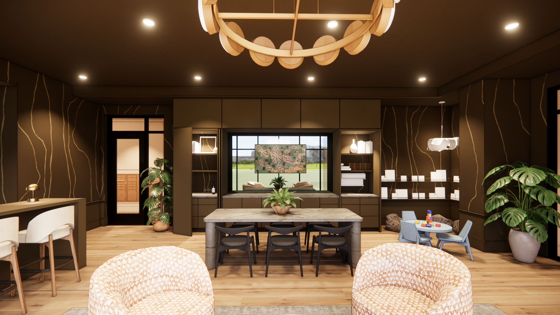 Modern open-plan living room with dark walls, wood floors, a dining table, sofas, plants, and warm pendant lighting