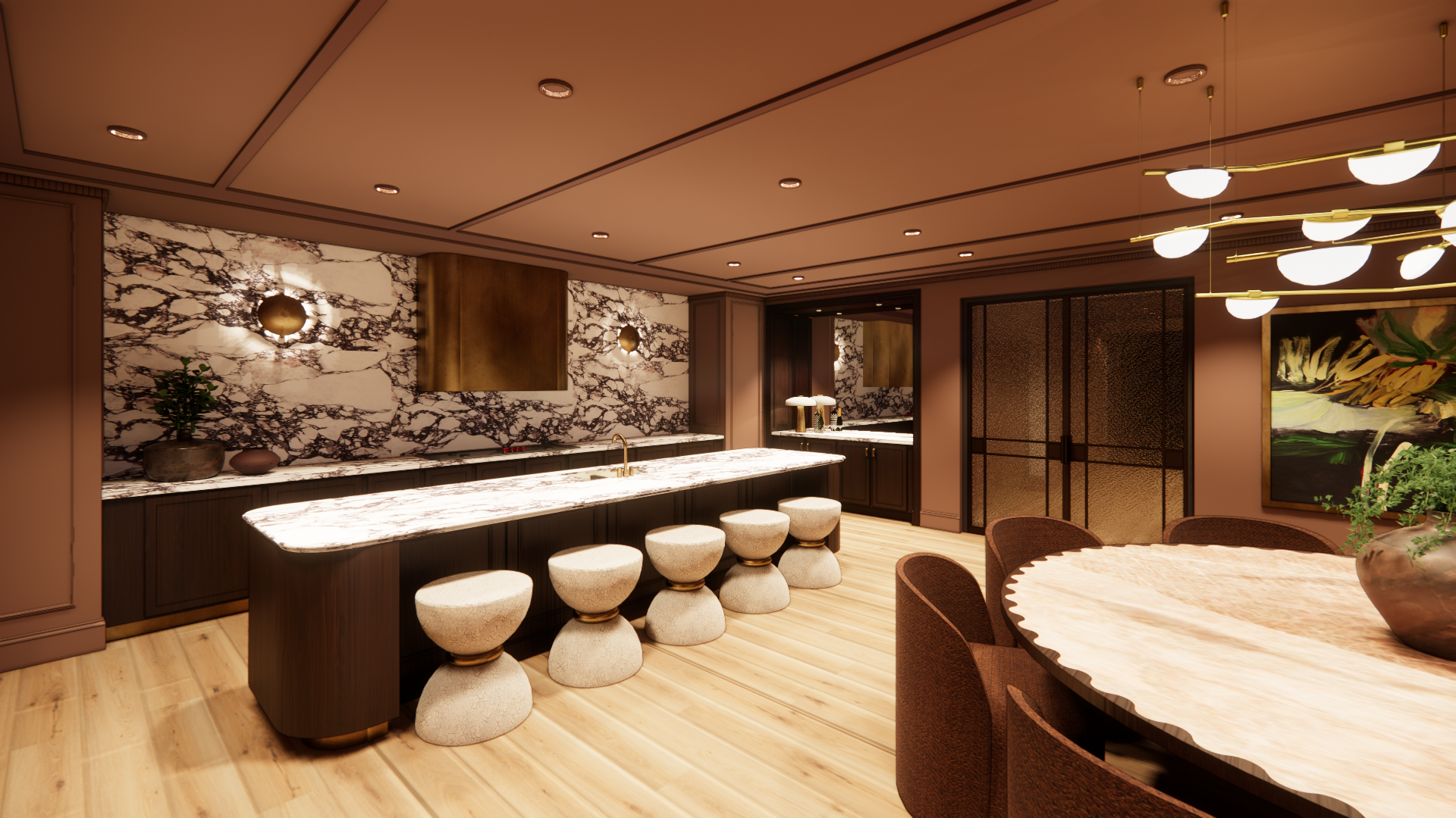 Modern dining room with a long black table, white stools, warm wood floors, and pendant lights