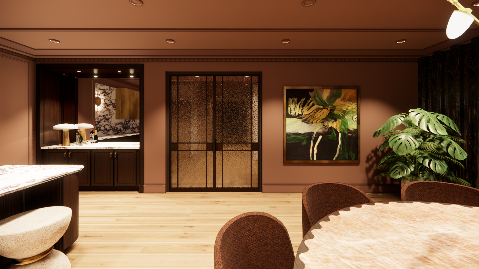 Modern hotel lobby with warm lighting, wicker seating, wood floors, and a large potted plant