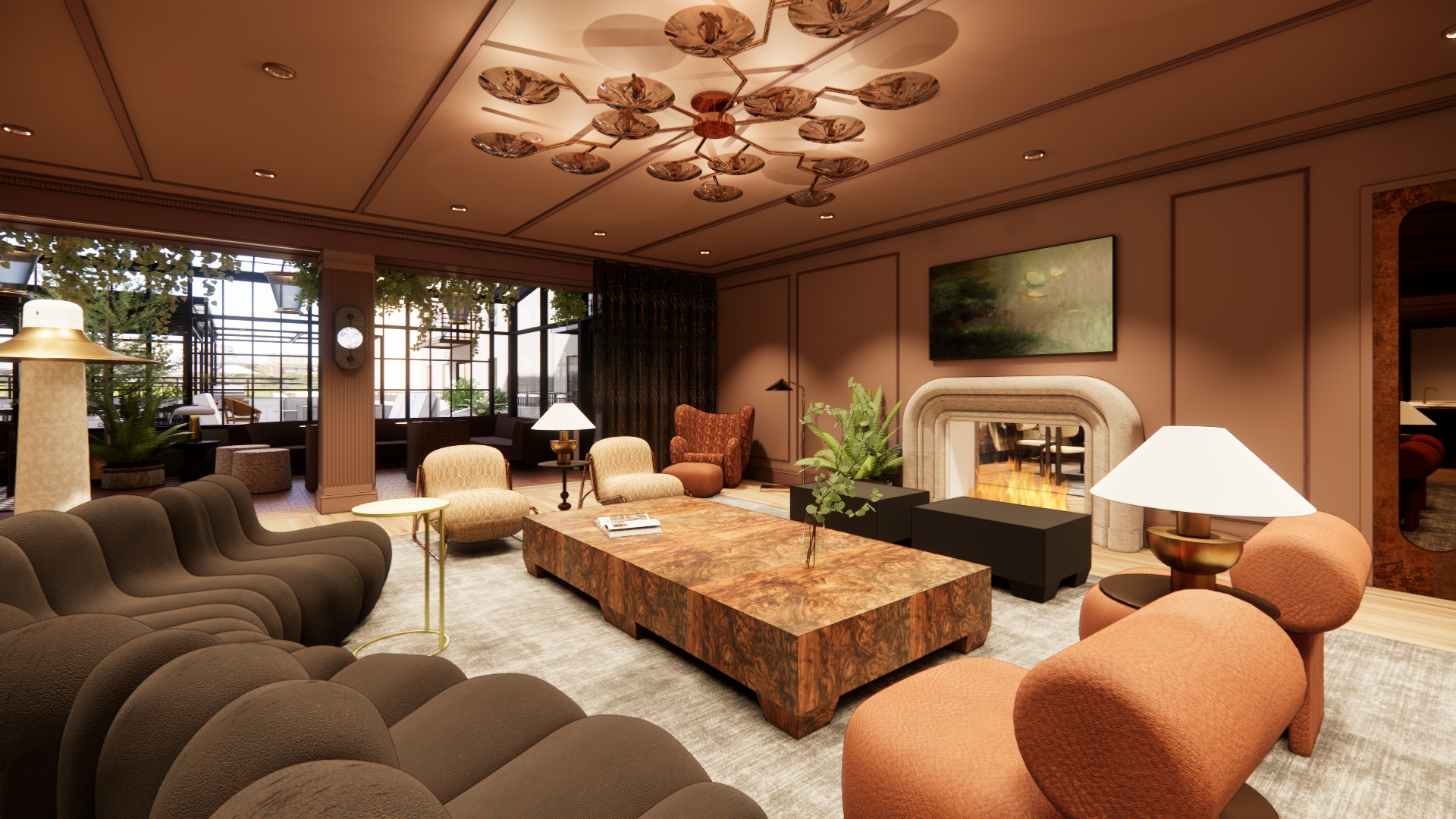 Elegant living room with plush sofas, patterned ottoman, fireplace, and warm modern lighting