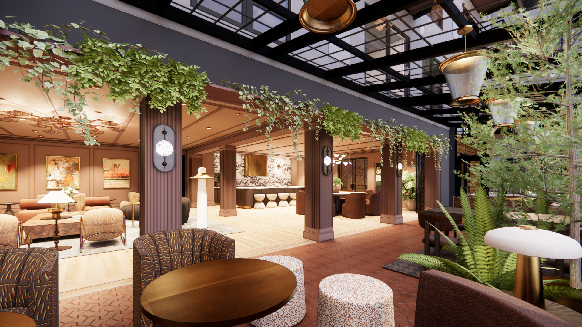 Cozy indoor lounge with wooden beams, hanging plants, soft seating, and warm ambient lighting