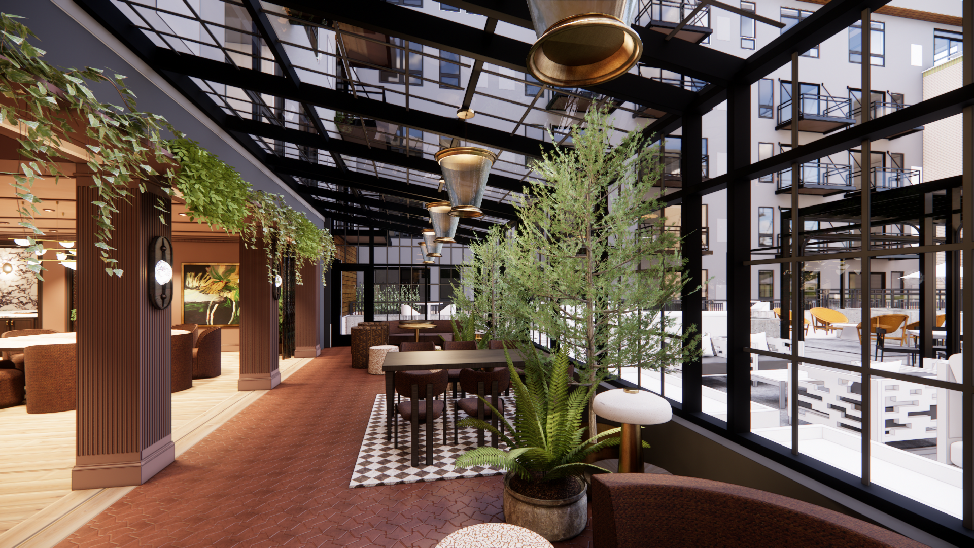Modern indoor courtyard with glass walls, brick floor, hanging lights, and potted greenery