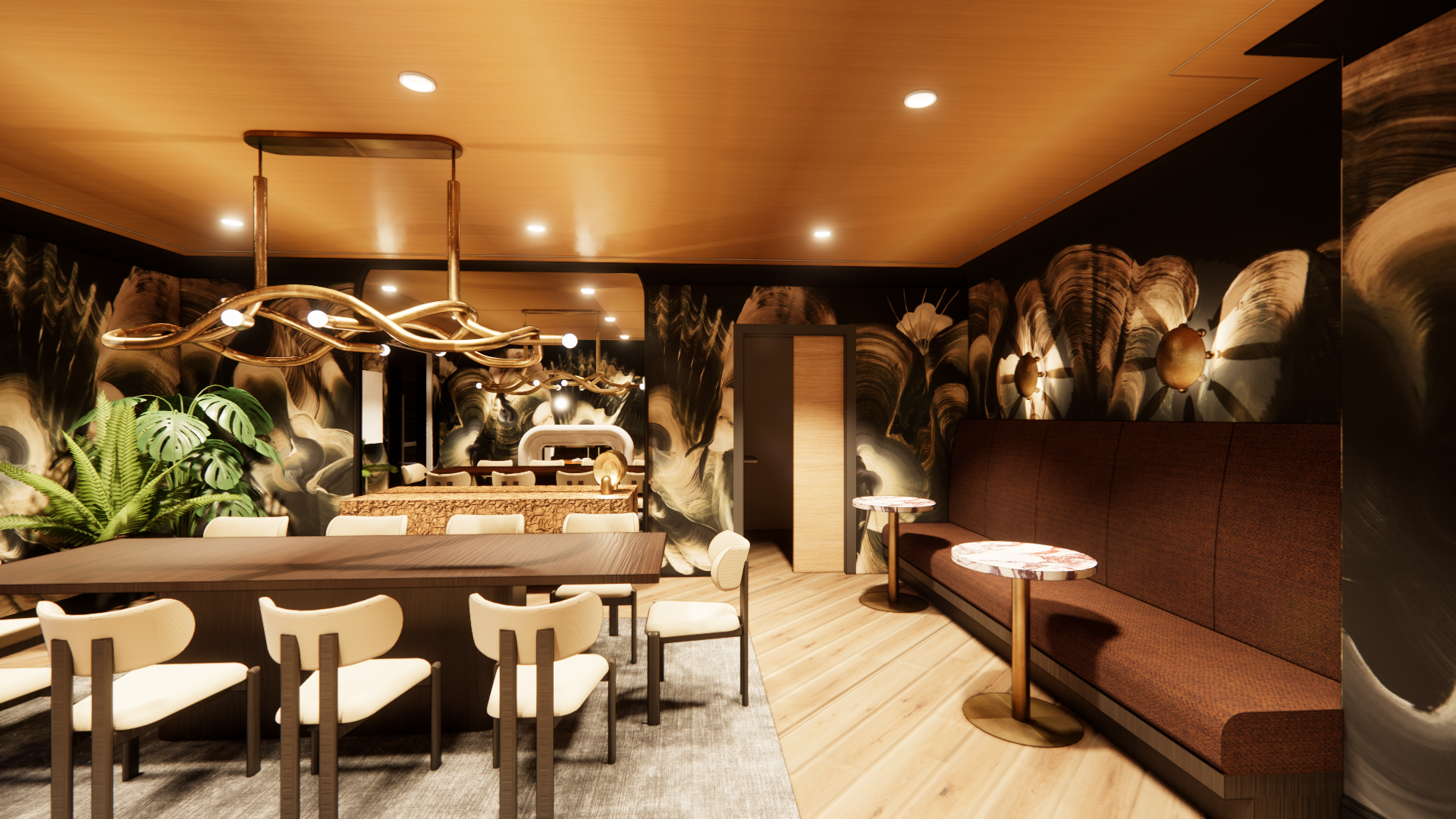 Modern restaurant interior with warm lighting, wooden tables, a long bench, and plants near a central counter