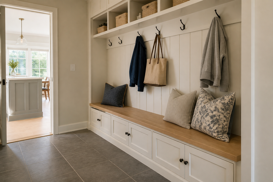 Custom mudroom built-ins with bench, storage cabinets, shelving, and coat hooks for Mud Room in Dublin, OH
