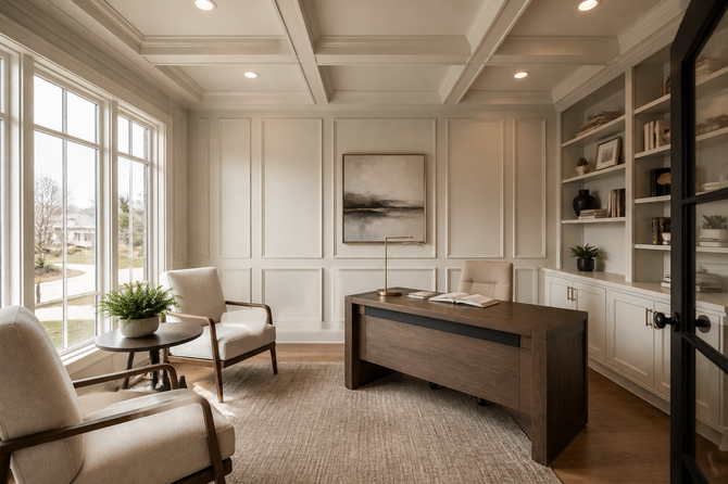 Custom Office Design in Dublin, OH home with Built in shelving with wall and ceiling design.