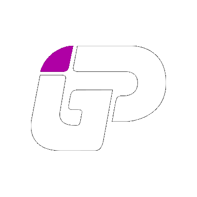 White logo with purple accent; stylized 