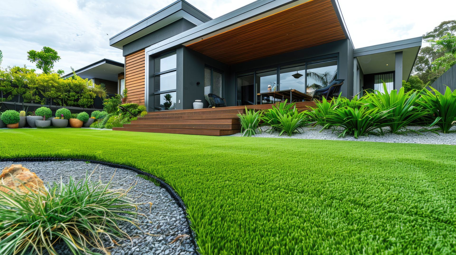 Modern house with a covered patio and lush green lawn in front, landscaped garden visible.