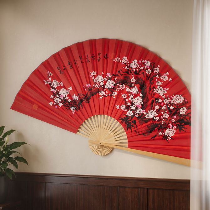 Red decorative folding fan with white floral blossoms mounted on a beige wall above dark wood paneling