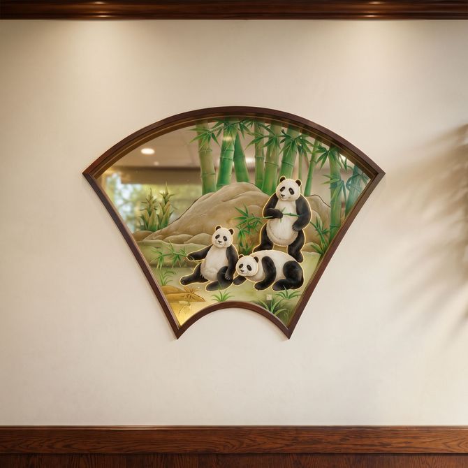 Three pandas in a bamboo-themed wall mural on a beige wall with dark wood trim