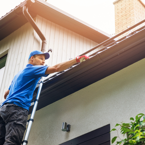Worker in blue shirt cleaning roof gutters from a ladder beside a house