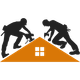 Silhouettes of two roof workers on an orange roof with a white window icon