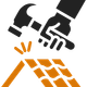 Black and orange icon of hands installing or repairing roof shingles with tools