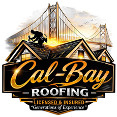 Cal-Bay Roofing logo with worker on roof and San Francisco bridge in the background