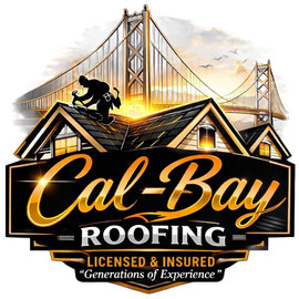 Cal-Bay Roofing logo with worker on roof and San Francisco bridge in the background