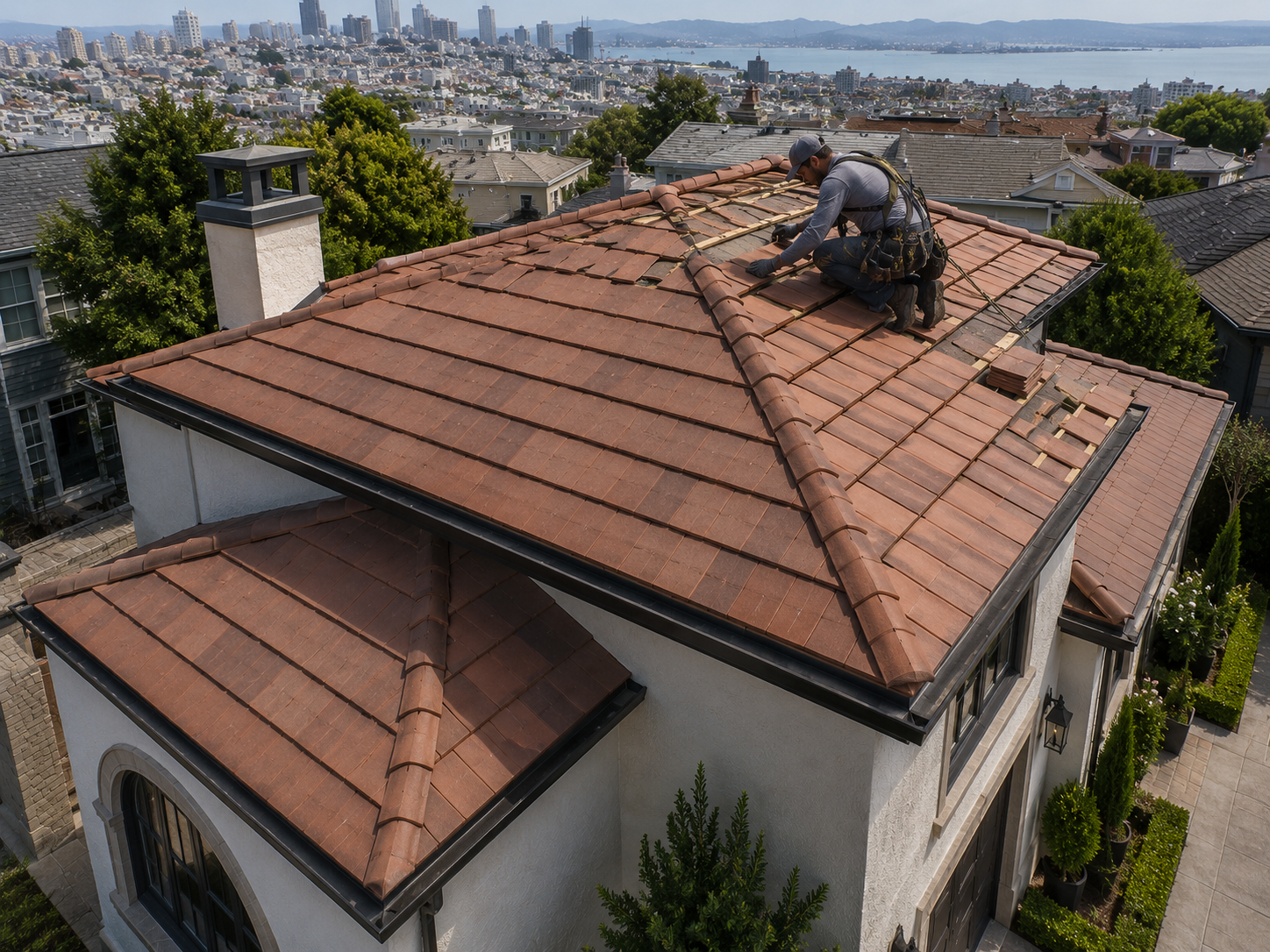 Worker repairing a terracotta roof overlooking a city skyline