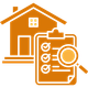 Orange house with clipboard checklist and magnifying glass, suggesting home inspection or property review