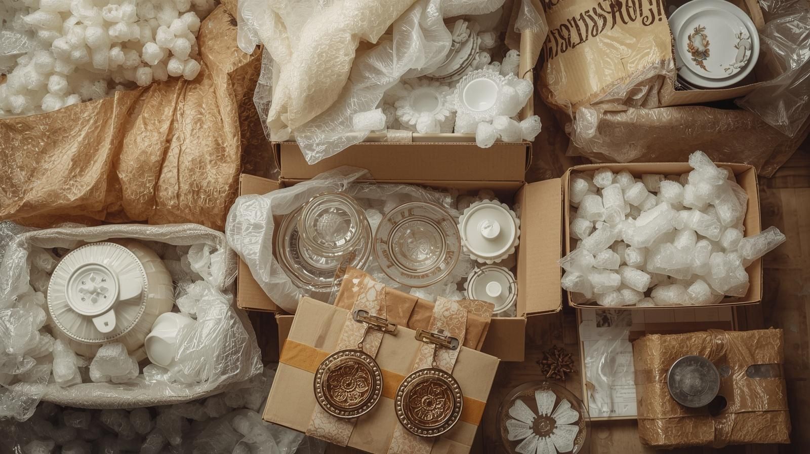 Fragile dishes and glassware packed with bubble wrap and packing peanuts
