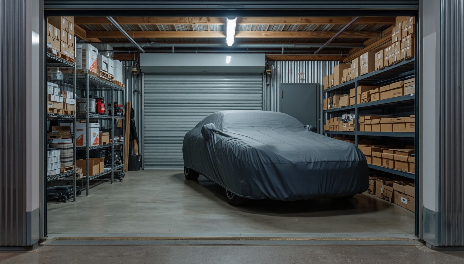 Car covered inside indoor long-term vehicle storage unit