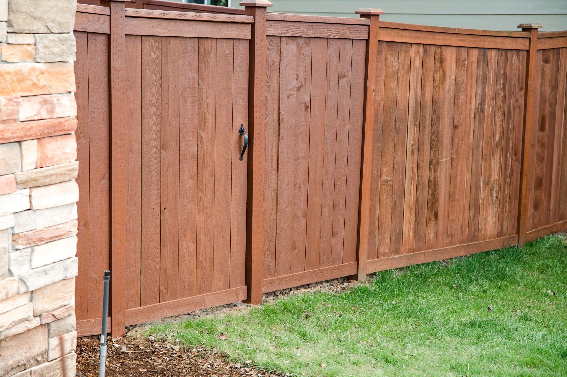 A wooden fence with a gate in the backyard of a house.
