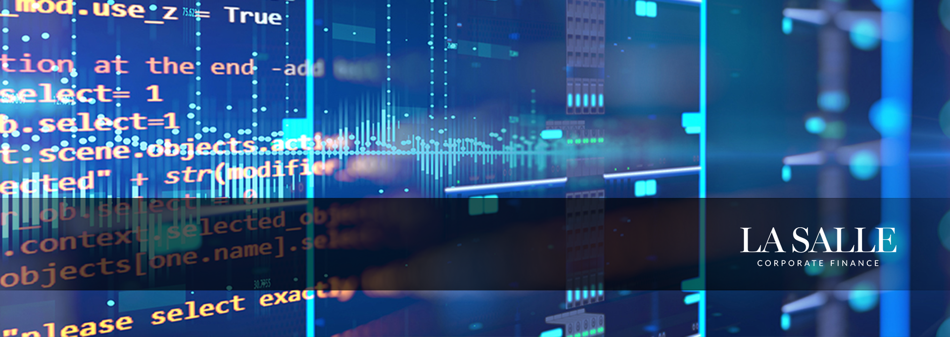 Abstract blue digital code and data interface with a small logo on the right.