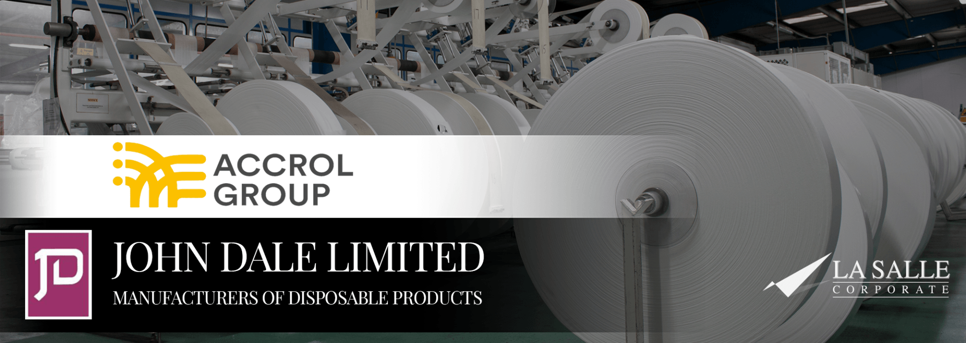 ACCROL Group and Joiin Dale Limited logos over a gray industrial machinery background, with La Salle logo.