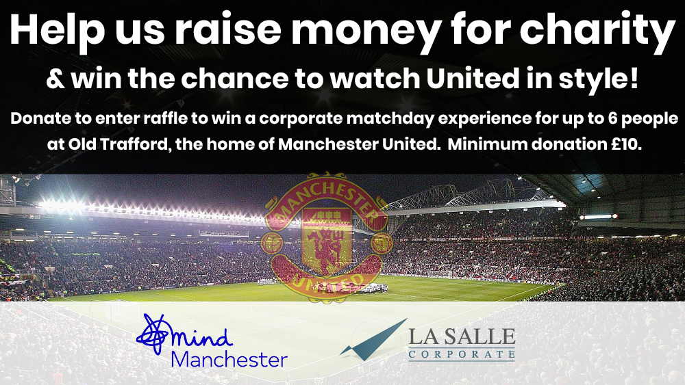 Charity ad for a football matchday experience at Old Trafford, with stadium scene and sponsor logos