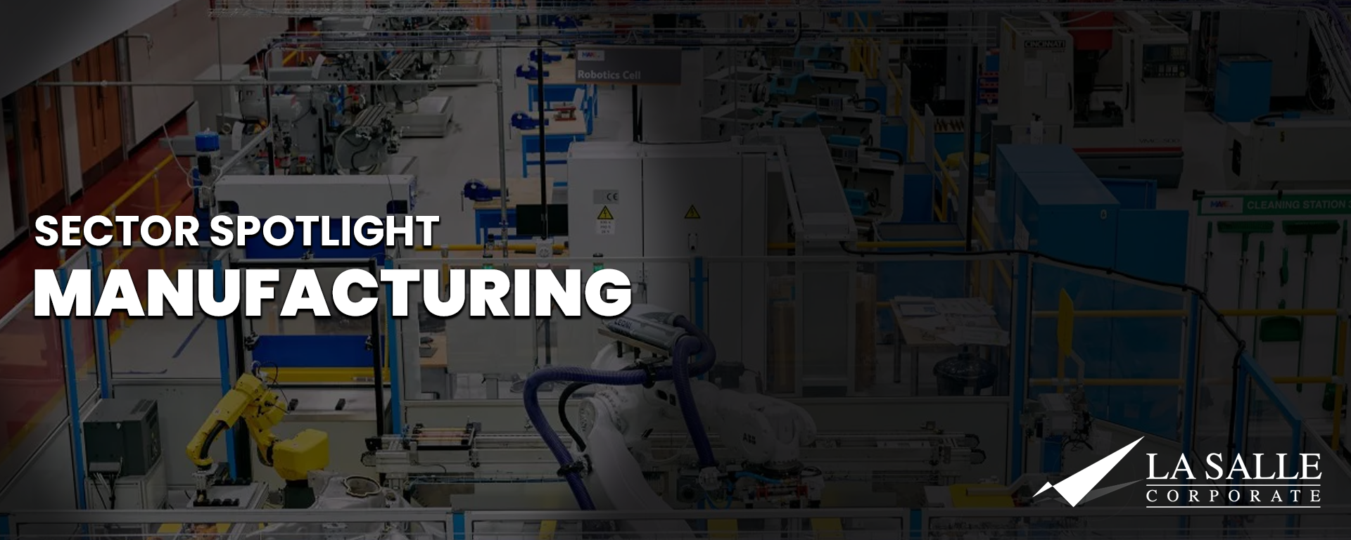 Manufacturing sector spotlight graphic with factory machinery and La Salle University logo