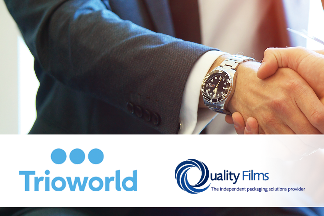 Handshake between two businesspeople; Trioworld and Quality Films logos below.