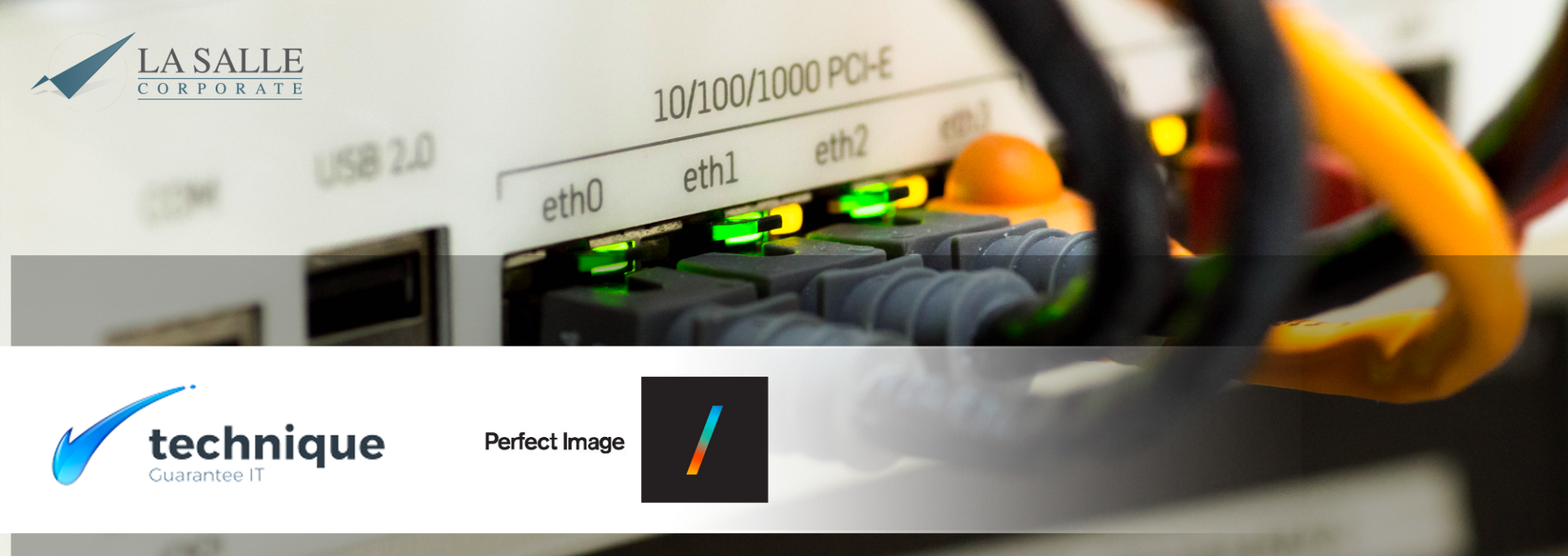 Close-up of Ethernet ports with plugged-in cables and overlayed telecom branding logos.