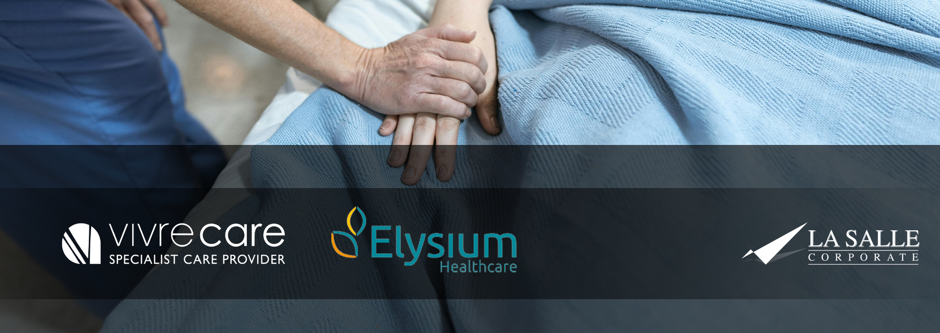 Healthcare professionals sitting beside a patient, with medical logos along the bottom banner