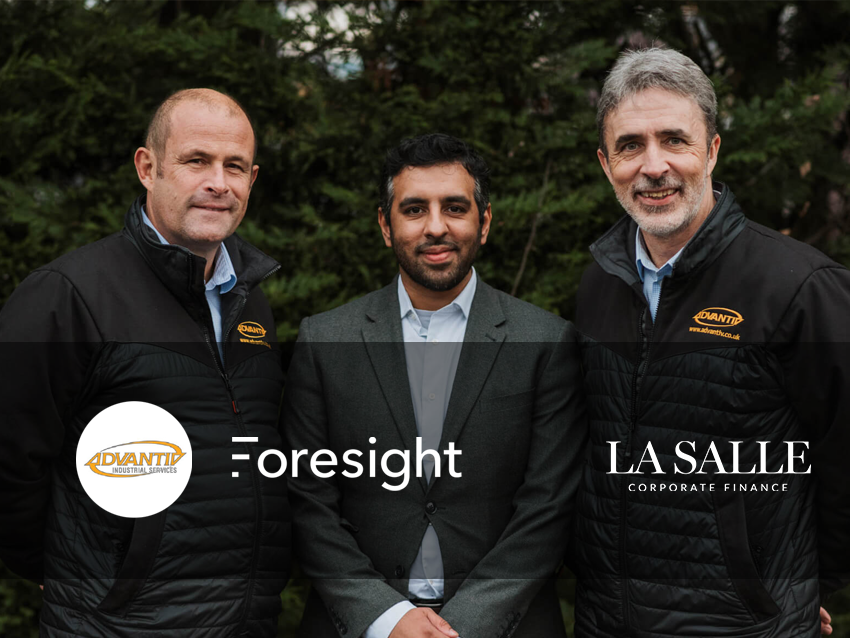 Three men in business attire posing outdoors with Foresight and La Salle Corporate Finance logos.