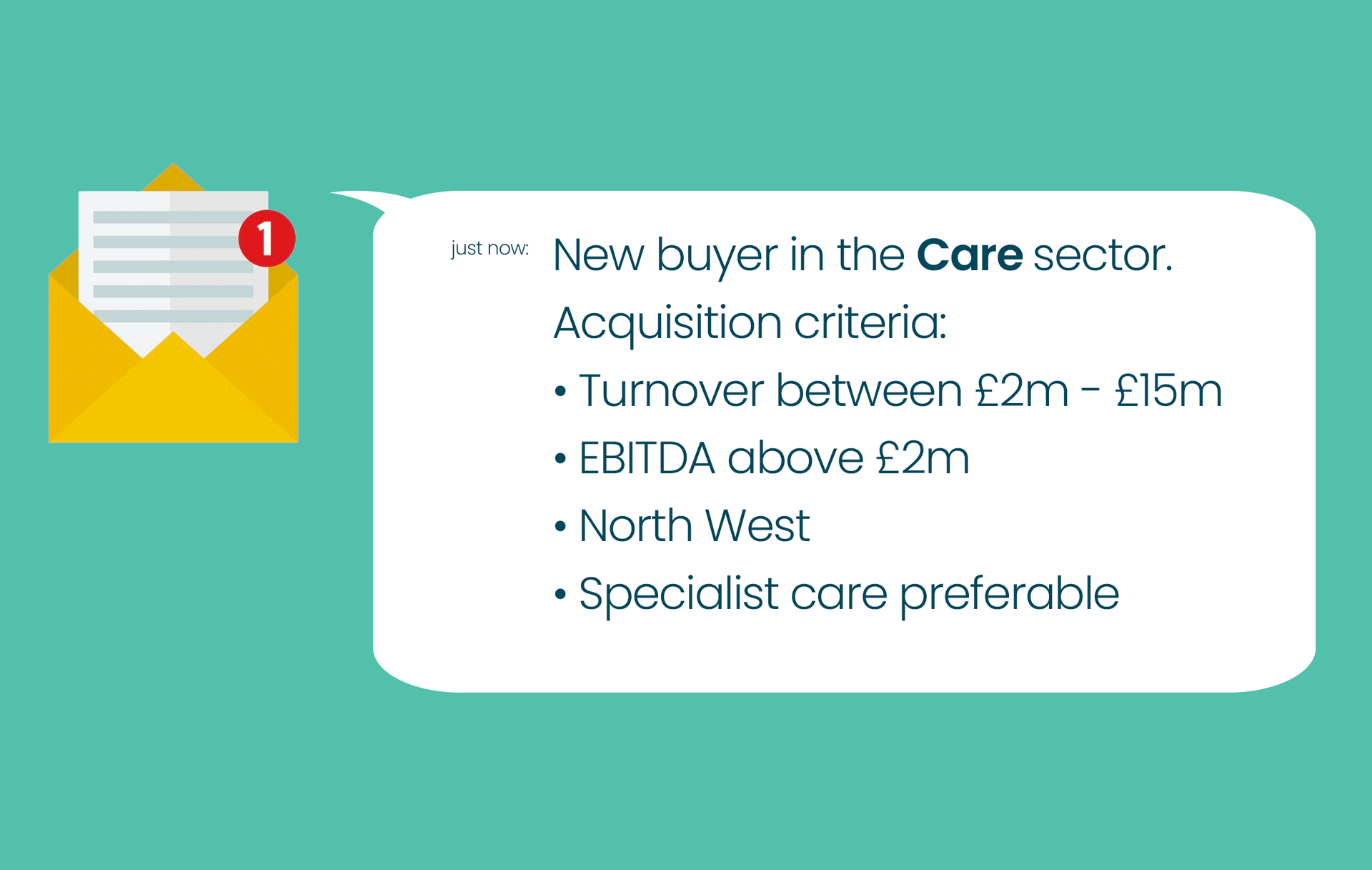 White note on teal background listing buyer criteria for care sector acquisition.