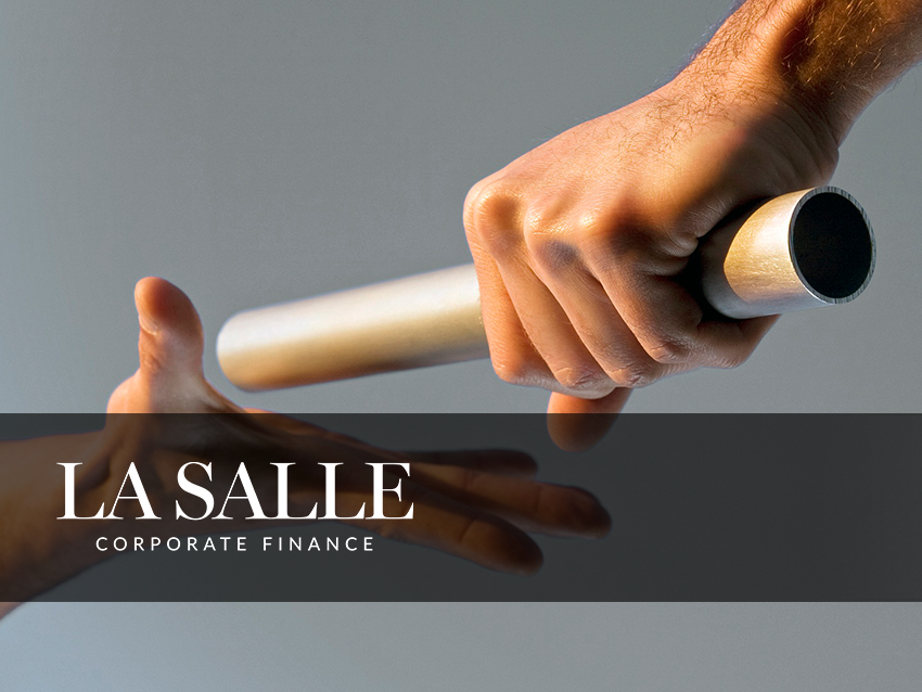 Hands gripping a baton over a dark banner with “LA SALLE Corporate Finance” text